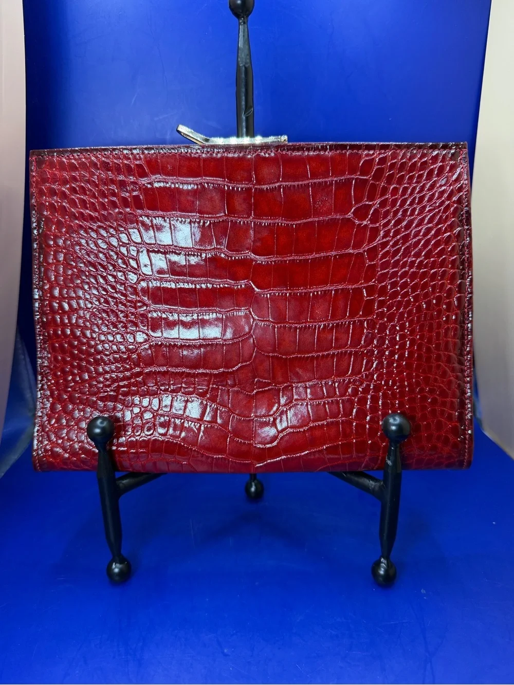 Abas Red Croc-Embossed Leather Clutch with Gold Accent
